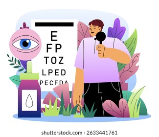 Hombre con prueba de la vista. Joven cerca de gotas para los ojos y cartas. Salud y medicina. Oftalmología y optometrista. Corrección de la visión. Ilustración vectorial plana