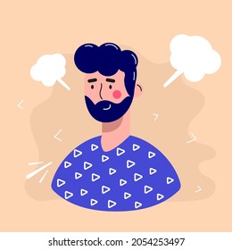 Man face avatar character with angry expression. Evil people flat vector illustration. male portrait. Adorable boy trendy icon.