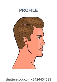 Man face avatar concept. Young guy with inscription profile. Avatar for social networks. Model posing. Poster or banner. Simple flat vector illustration isolated on white background