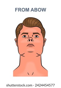 Man face avatar concept. Young guy with inscription from above. Profile for social networks. Model posing. Template and layout. Simple flat vector illustration isolated on white background