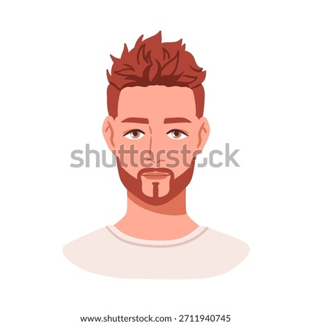 Man face avatar. Handsome young male character with styled tousled hair, neat beard and mustache. Groomed person, user profile, head portrait. Flat vector illustration isolated on white background