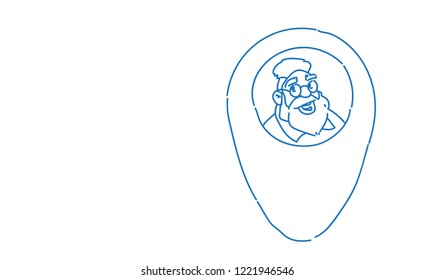man face avatar navigation pin position geotag icon sketch doodle horizontal vector illustration