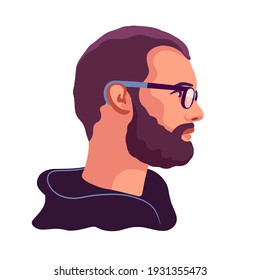 Man. The face of a man with a beard and mustache and glasses. Face profile. Vector illustration in a flat style.