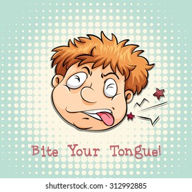 Man face biting tongue illustration