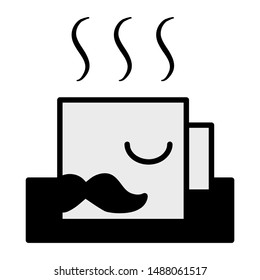Man face with black mustache in coffee cup.