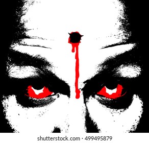 A Man Face With A Bleeding Bullet Wound On The Forehead For Halloween Concept, Vector Illustration.