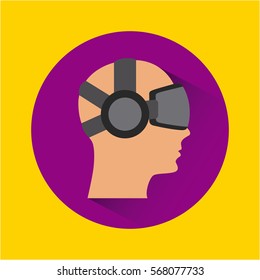 man face cartoon with augmented reality visor icon over purple circle and yellow background. colorful design. vector illustration