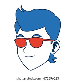 man face character smiling with blue hair and glasses