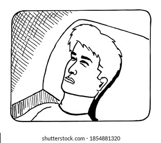 Man face close-up lying on his bed, pillow. Sketch line black and white hand drawn style vector illustration.