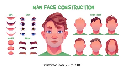 Man face construction parts with facial elements - mouth expressions, nose shapes, eye variants with different colors, eyebrow sets and portrait example. Hairstyle options for character customization.