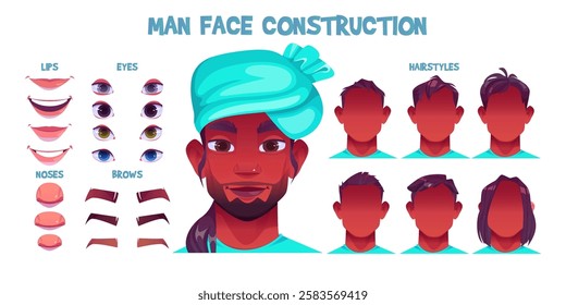 Man face construction set of cartoon dark skinned character wearing turban - mouth expressions, nose shapes, eye variants in different colors, eyebrow styles and hairstyle options on blank heads.