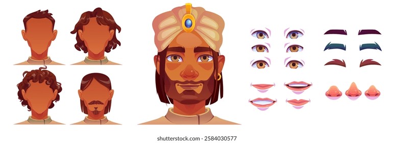 Man face construction set of male character with traditional Indian turban, different hairstyles, beard shapes, eyes, brows, noses and lips variations. Cartoon custom avatar creator elements.