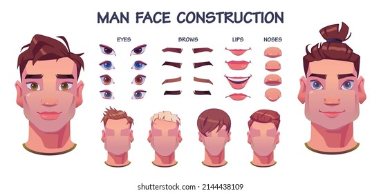 Man face constructor, avatar of cartoon creation heads, hairstyle, nose, eyes with eyebrows and lips. Facial elements for construction isolated on white background. Vector illustration.