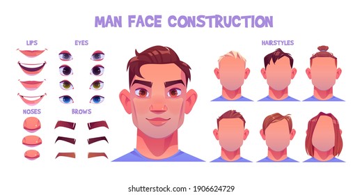 Man face constructor, avatar of caucasian male character creation heads, hairstyle, nose, eyes with eyebrows and lips. Facial elements for construction isolated on white background, cartoon vector set