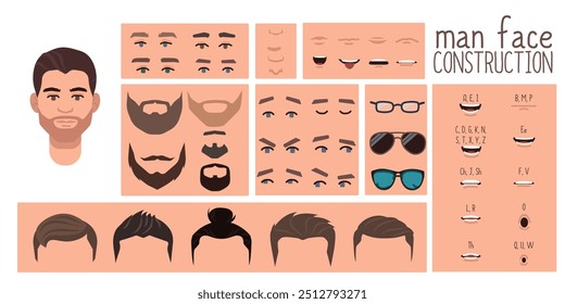 Hombre constructor de la cara, avatar de la creación del carácter masculino peinado, nariz, ojos con cejas y labios. Elementos faciales para la construcción. Conjunto de dibujos animados adecuado para animación y sincronización de labios hablando.