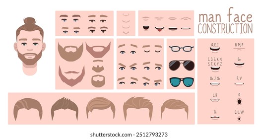 Hombre constructor de la cara, avatar de la creación del carácter masculino peinado, nariz, ojos con cejas y labios. Elementos faciales para la construcción. Conjunto de dibujos animados adecuado para animación y sincronización de labios hablando.