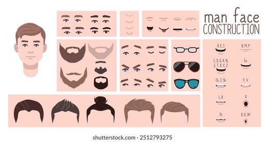Man face constructor, avatar of  male character creation hairstyle, nose, eyes with eyebrows and lips. Facial elements for construction. Cartoon set suitable for animation and lip sync speaking.