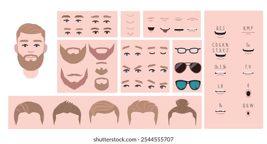 Man face constructor, avatar of male character creation hairstyle, nose, eyes with eyebrows and lips. Facial elements for construction. Cartoon set suitable for animation and lip sync speaking.	