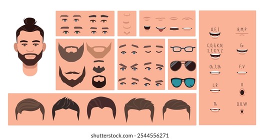 Man face constructor, avatar of male character creation hairstyle, nose, eyes with eyebrows and lips. Facial elements for construction. Cartoon set suitable for animation and lip sync speaking.