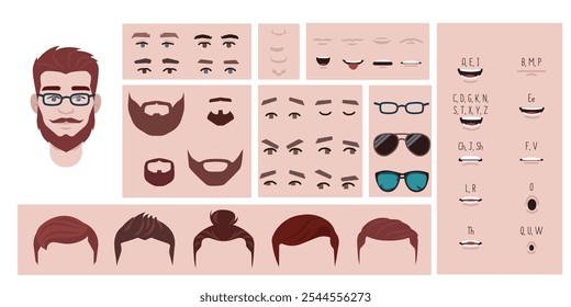 Construtor de rosto de homem, avatar de penteado de criação de personagem masculino, nariz, olhos com sobrancelhas e lábios. Elementos faciais para construção. Conjunto de desenhos animados adequado para animação e fala de sincronização labial.