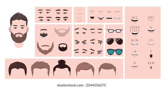 Man face constructor, avatar of male character creation hairstyle, nose, eyes with eyebrows and lips. Facial elements for construction. Cartoon set suitable for animation and lip sync speaking.