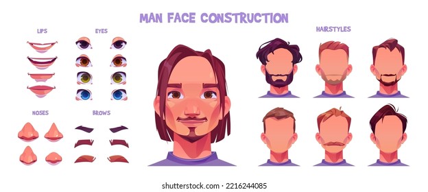 Man face constructor, cartoon caucasian male character avatar creation kit. Collection of heads, hairstyle, nose, eyes with eyebrows and lips. Isolated facial elements for construction, Vector set
