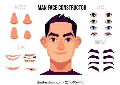 Man face constructor elements with noses eyes brows lips and male character portrait in centre cartoon vector illustration