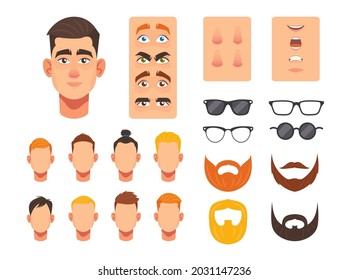 Man Face Constructor, Facial Elements for Construction Caucasian Male Character Avatar, Heads Hairstyle, Nose, Eyes With Eyebrows, Lips Isolated on White Background, Cartoon Vector Illustration, Set