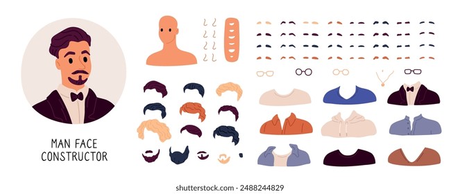 Man face constructor. Male facial features. Avatar creation kit. Different hairstyles and accessories. Eyebrows and nose shapes. Glasses and clothes. Portrait elements