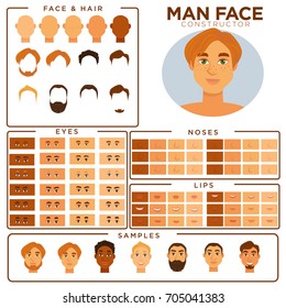 Man Face Constructor Skin, Haircut Nose And Eyes Templates Vector Set