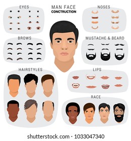 Man face constructor vector male character avatar creation head skin nose eyes with mustache and beard illustration set of facial elements construction with hairstyle isolated on white background