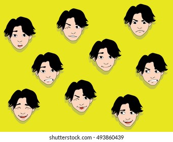 Man face different emotions and expressions vector set over yellow background