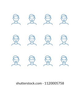 Man face with different emotions line icons. Male profile outline symbols of emoji. Happy, sad, fun and angry mans portraits isolated. Vector expression outline linear facial portrait illustration