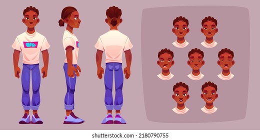 Man Face With Different Emotions And Standing Person In Front, Side And Back View. Vector Cartoon Set Of Male Character Portraits With Happy, Cry, Sad, Angry, Skeptic And Surprise Facial Expression