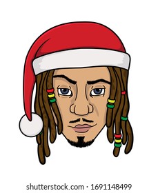 man face with dreadlocks in christmas hat.vector isolated on white background