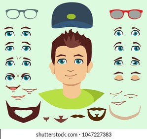 Man face emotions constructor elements: eyes, glasses, lips, beard, mustache. Avatar icon creator. Vector Illustration trendy flat design for web and printed materials