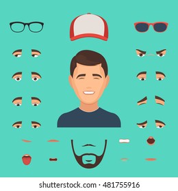 Man face emotions constructor elements: eyes, glasses, lips, beard, mustache. Avatar icon creator. Vector Illustration trendy flat design for web and printed materials