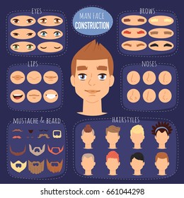 Man face emotions constructor parts eyes, nose, lips, beard, mustache avatar creator vector cartoon character creation spare parts spares animation.