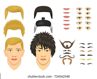 Man face emotions constructor parts eyes, nose, lips, beard, mustache avatar creator vector cartoon character creation spare parts spares animation.