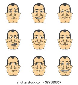 Man face emotions and expressions - happy, sad, angry. User profiles avatar. Vector illustration.