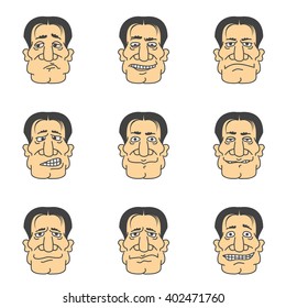 Man face emotions and expressions - happy, sad, angry. User profiles avatar. Vector illustration.