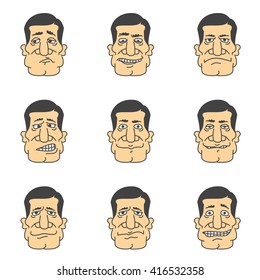 Man face emotions and expressions - happy, sad, angry. User profiles avatar. Vector illustration