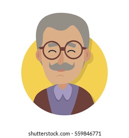 Man Face Emotive Icon. Old Man In Glasses With Mustache Smiling With Closed Eyes Isolated Flat Vector Illustration Happy Human Psychological Portrait. Positive Emotions User Avatar. For Web App Design