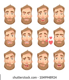 Man face expression. Human emotions. Set of cartoon vector illustrations.