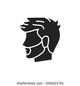 Man face with fashionable hairstyle and beard black glyph icon. Barbershop.