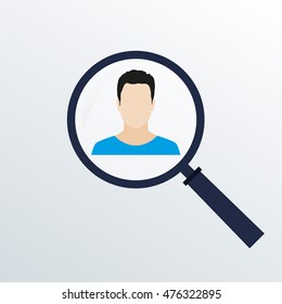 Man face flat icon with magnifying glass. Customer target and human resources concept. Vector illustration.