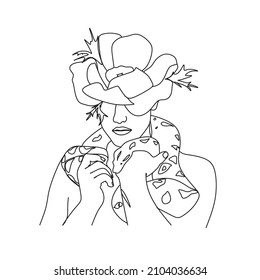 Man face with flowers . Abstract face with flowers  by one line drawing. Portrait minimalistic style. Botanical print. Nature symbol of cosmetics. Muscular Man Back Art.
