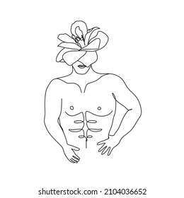 Man face with flowers . Abstract face with flowers  by one line drawing. Portrait minimalistic style. Botanical print. Nature symbol of cosmetics. Muscular Man Back Art.