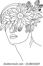 Man face with flowers . Abstract face with flowers by one line drawing. Portrait minimalistic style. Botanical print. Nature symbol of cosmetics. Muscular Man