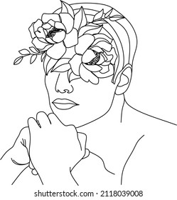 Man face with flowers . Abstract face with flowers by one line drawing. Portrait minimalistic style. Botanical print. Nature symbol of cosmetics. Muscular Man